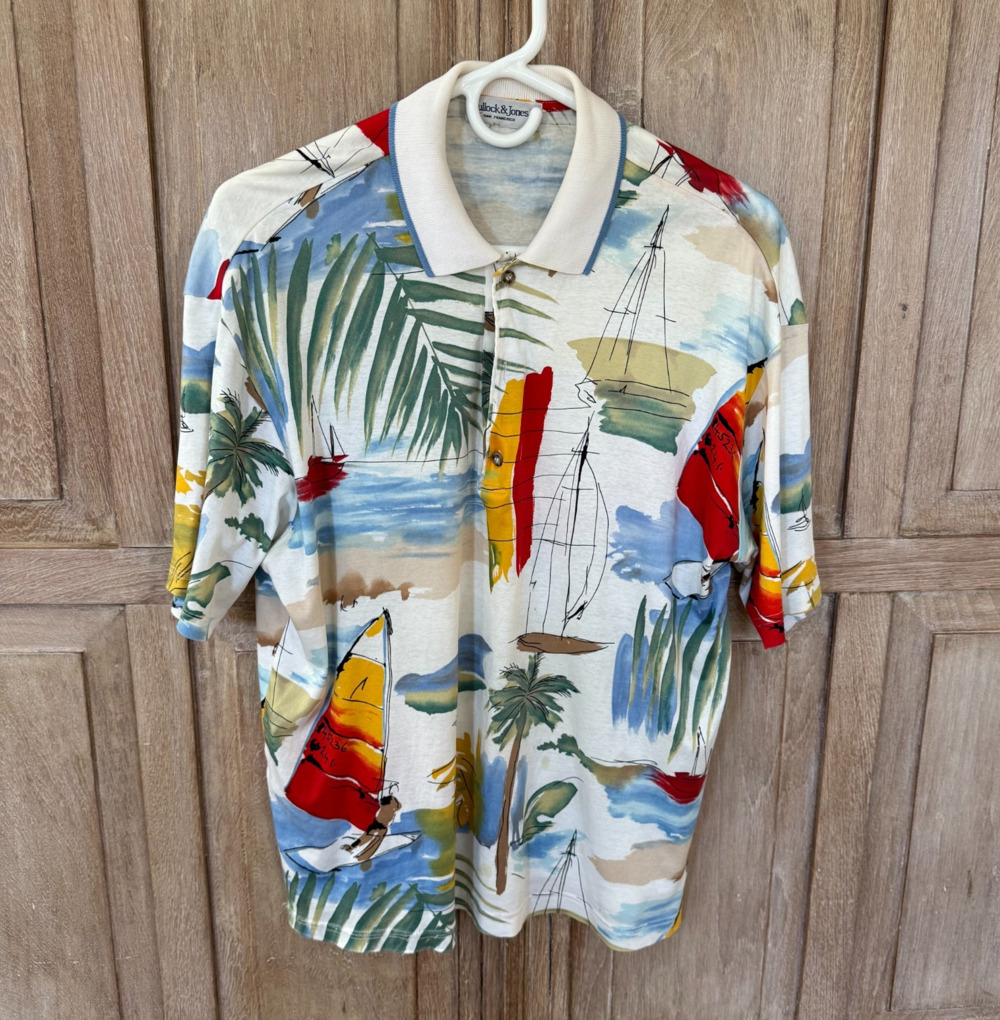 Vintage Bullock & Jones Polo XL Made Italy Nautical Sailboat Resort Print